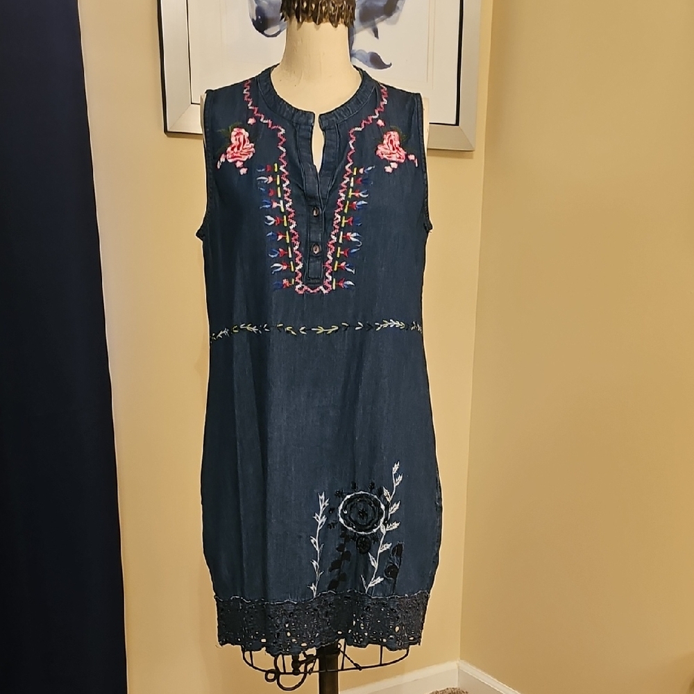 Desigual Navy Dress with Pink and Blue Embroidery